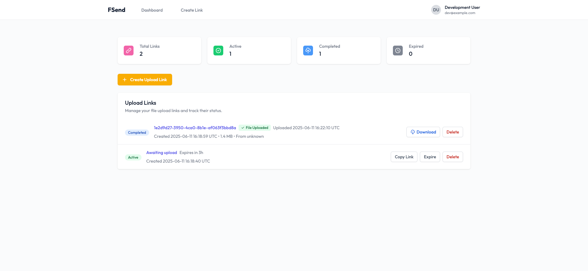 A software dashboard with a list of Upload Links in various states, and a primary button for creating new links